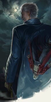 2boys absurdres blue_coat closed_mouth coat commentary dante_(devil_may_cry) devil_may_cry_(series) full_body gloves grey_hair highres holding holding_sword holding_weapon jacket male_focus maozhu moon multiple_boys night red_coat ripples short_hair sideburns sky sword symbol-only_commentary toned toned_male upside-down vergil_(devil_may_cry) weapon