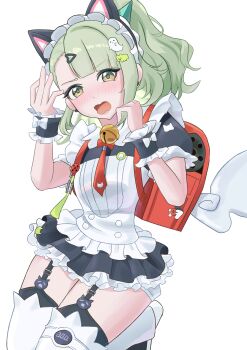 Rule 34 | absurdres, animal ears, apron, backpack, bag, black dress, blush, cat ears, commentary request, dks (dksotti), dress, fake animal ears, green eyes, green hair, highres, looking at viewer, maid, maid apron, medium hair, official alternate costume, open mouth, ponytail, randoseru, red bag, sunna (afternoon tea break) (zenless zone zero), sunna (zenless zone zero), thighhighs, white apron, white thighhighs, wings, zenless zone zero
