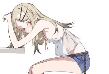 1girl absurdres bare_arms bare_shoulders belt black_belt blonde_hair blush breasts camisole colored_eyelashes commentary denim denim_shorts earrings gakuen_idolmaster hair_ornament hairclip highres idolmaster invisible_chair jewelry leaning_on_table looking_at_viewer noshita_(qonneno) orange_eyes see-through_clothes see-through_shirt shinosawa_hiro shirt short_shorts shorts simple_background sitting small_breasts solo table white_background white_camisole