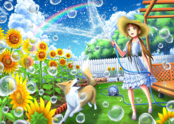 1girl animal ash_(bgash0207) backyard blush brown_eyes brown_hair bubble cloud day detached_sleeves dog dress fence flower garden hair_flower hair_ornament hair_over_shoulder hat hose hose_reel long_hair looking_away looking_up no_socks open_mouth original outdoors picket_fence porch rainbow sandals sash sleeveless sleeveless_dress smile spraying standing straw_hat sundress sunflower sunflower_hair_ornament teeth trellis twintails water water_drop white_dress wooden_fence