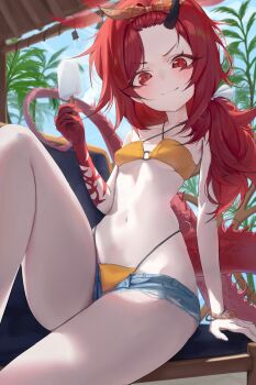 1girl absurdres bikini blue_archive blush bow_hairband breasts closed_mouth colored_skin commentary denim denim_shorts dragon_girl dragon_horns dragon_tail food forehead hairband high_ponytail highres holding holding_food holding_ice_cream horns ice_cream long_hair looking_at_viewer multicolored_skin official_alternate_costume open_clothes open_shorts orange_hairband ponytail red_eyes red_hair red_skin renge_(blue_archive) renge_(swimsuit)_(blue_archive) short_shorts shorts single_horn small_breasts smile solo swimsuit tail ubeuna yellow_bikini