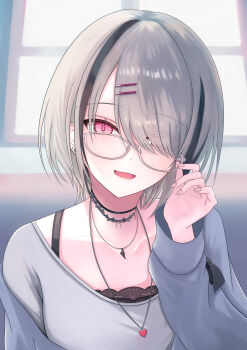 Rule 34 | 1girl, absurdres, asumi sena, asumi sena (5th costume), black choker, black hair, choker, commentary, fang, glasses, grey hair, grey jacket, grey shirt, hair ornament, hair over one eye, hairclip, hashtag-only commentary, heart, heart necklace, highres, indoors, jacket, jewelry, kyokyo495, looking at viewer, medium hair, multicolored hair, necklace, off shoulder, open mouth, pink eyes, shirt, skin fang, solo, streaked hair, t-shirt, two-tone hair, upper body, virtual youtuber, vspo!