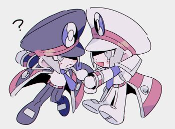 2boys black_coat black_hat black_pants brothers chibi chibi_only coat commentary_request emmet_(pokemon) grey_eyes grey_hair hat ingo_(pokemon) kari_(user_grrs8577) male_focus multiple_boys necktie nintendo pants pokemon pokemon_bw pulling_arm shirt siblings twins white_coat white_hat white_pants white_shirt