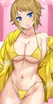 1girl bikini blue_eyes breasts brown_hair cleavage closed_mouth collarbone commentary_request condom condom_in_mouth condom_wrapper cowboy_shot female_pubic_hair gluteal_fold groin gundam gundam_build_fighters gundam_build_fighters_try hand_up highleg highleg_bikini highres hood hood_down hooded_jacket hoshino_fumina jacket long_sleeves looking_at_viewer medium_breasts mouth_hold navel nirowata off_shoulder open_clothes open_jacket ponytail pubic_hair pubic_hair_peek short_hair sidelocks single_bare_shoulder smile solo standing stomach sweat swimsuit underboob untied_bikini yellow_bikini yellow_jacket