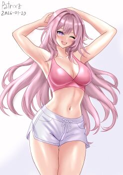 1girl ;o absurdres alternate_costume armpits artist_name breasts cleavage commentary cowboy_shot cyrene_(demiurge)_(honkai:_star_rail) cyrene_(honkai:_star_rail) dated diamond-shaped_pupils diamond_(shape) dolphin_shorts english_commentary highres honkai:_star_rail honkai_(series) large_breasts long_hair midriff navel one_eye_closed patrixzs10719 pink_hair pink_sports_bra pointy_ears purple_eyes purple_shorts revision shorts simple_background smile solo sports_bra symbol-shaped_pupils thighs very_long_hair