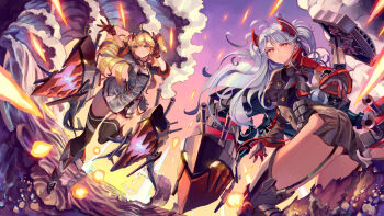 2girls admiral_hipper_(azur_lane) ahoge ass azur_lane black_garter_straps black_thighhighs blonde_hair blush boots breasts bubble cannon choker commentary_request cross energy_ball explosion floating_hair garter_straps gloves green_eyes grey_hair hair_between_eyes hat headgear highres iron_cross jacket knee_boots large_breasts leg_lift long_hair looking_afar looking_at_viewer looking_back military military_uniform mole multicolored_boots multicolored_gloves multicolored_hair multiple_girls outstretched_arm outstretched_hand parted_lips prinz_eugen_(azur_lane) red_hair revision rigging rudder_footwear shiimo ship_turret sidelocks standing standing_on_liquid streaked_hair thighhighs thighs tucking_hair two_side_up very_long_hair water waves wind wind_lift