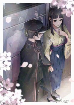 2girls ace_attorney against_wall black_cloak black_pants blue_hakama blunt_bangs cherry_blossoms cloak collared_cloak different_reflection from_above gakuran grey_eyes hakama hakama_skirt hat highres holding_hands japanese_clothes kimono kndchuri long_hair looking_at_another multiple_girls okobo pants pink_petals pink_trim platform_sandals reflection rei_membami sakuramon sandals school_uniform shako_cap short_hair sidelocks signature skirt smile susato_mikotoba tabi the_great_ace_attorney the_great_ace_attorney_2:_resolve very_short_hair window yellow_kimono