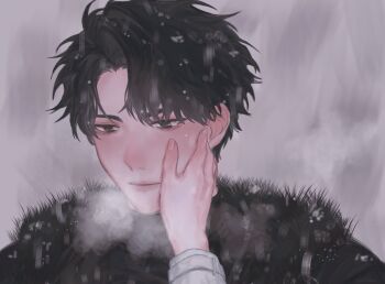 1boy 1other aegyo_sal black_eyes black_hair breath curtained_hair fur_jacket highres jacket kim_dokja male_focus omniscient_reader&#039;s_viewpoint pov pov_hands short_hair smile snowing v_kyyi yoo_joonghyuk