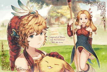 1boy 1girl bare_shoulders blonde_hair blue_eyes breasts brown_hair closed_mouth cotelier criss-cross_halter detached_sleeves dress hair_ornament hair_tubes halterneck hat imu_(lom) legend_of_mana long_hair looking_at_viewer medium_breasts open_mouth polearm seiken_densetsu smile toto_(lom) weapon
