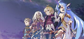 2boys 2girls android armor bare_shoulders black_hair blonde_hair blue_eyes blue_hair bodysuit breasts brown_hair cleavage dark-skinned_female dark_skin elbow_gloves elma_(xenoblade_x) forehead_protector gloves hair_ornament hand_on_own_hip highres kos-mos kos-mos_ver._4 large_breasts long_hair medium_breasts monado multiple_boys multiple_girls official_art open_mouth red_eyes rex_(xenoblade) short_hair shulk_(xenoblade) simple_background sky smile star_(sky) starry_sky sword thighhighs very_long_hair weapon white_hair xenoblade_chronicles_(series) xenoblade_chronicles_1 xenoblade_chronicles_2 xenoblade_chronicles_x xenosaga xenosaga_episode_i