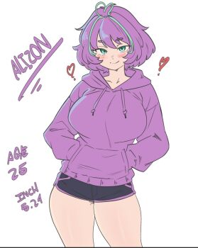 Rule 34 | 1girl, ahoge, alizon (piutahayo), aqua eyes, aqua streaks, black shorts, blush, breasts, character age, closed mouth, collarbone, commentary, cowboy shot, dolphin shorts, english commentary, english text, hands in pockets, heart, heart ahoge, highres, hood, hood down, hoodie, large breasts, looking at viewer, measurements, original, parted bangs, piutahayo, purple hoodie, purple trim, shiny skin, short eyebrows, short hair, shorts, sidelocks, simple background, smile, solo, swept bangs, thighs, white background
