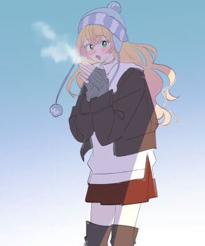 1girl alternate_costume arm_warmers beanie blonde_hair blue_background blue_hat blush boots breath brown_boots brown_jacket chullo cold cowboy_shot cropped_jacket crossed_bangs gradient_background green_eyes grey_arm_warmers hat hololive jacket long_hair looking_at_viewer looking_to_the_side momosuzu_nene open_clothes open_jacket open_mouth palms_together pink_hair pom_pom_(clothes) red_skirt sidelocks skirt solo steam surprised sweater uuoftn virtual_youtuber white_background white_sweater