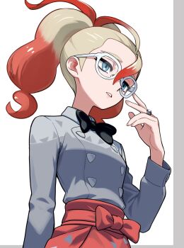 1girl black_bow black_bowtie blonde_hair blue_eyes bow bowtie eyelashes glasses griselle_(pokemon) hair_between_eyes highres jewelry long_sleeves looking_to_the_side mega_stone multicolored_hair nintendo pokemon pokemon_legends:_z-a red_hair ring shirt solo two-tone_hair upper_body waipiiy white-framed_eyewear white_shirt