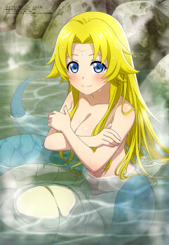 1girl absurdres blonde_hair blue_eyes blush breasts celina_(sayonara_ryuusei) character_request cleavage closed_mouth collarbone covering_breasts covering_privates green_scales highres lamia large_breasts long_hair looking_at_viewer magazine_scan megami_magazine monster_girl navel nude official_art outdoors parted_bangs partially_submerged sayonara_ryuusei_konnichiwa_jinsei scales scan smile solo tail teasing water wet