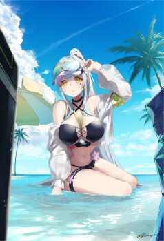 1girl adjusting_eyewear armband artist_name beach_umbrella between_breasts bikini black_bikini blue_sky blush breasts cloud cloudy_sky commentary_request countdown_timer eyewear_on_head flower full_body girls&#039;_frontline girls&#039;_frontline_2:_exilium green_armband green_eyes highres hk416_(girls&#039;_frontline) jacket klukai_(cerulean_breaker)_(girls&#039;_frontline_2) klukai_(girls&#039;_frontline_2) large_breasts long_hair looking_at_viewer official_alternate_costume open_clothes open_jacket open_mouth palm_tree partially_submerged pink_flower ponytail s-masa_7131 see-through_clothes see-through_jacket sitting sky solo sunglasses swimsuit tattoo teardrop_facial_mark teardrop_tattoo thigh_strap tree twitter_username umbrella visor_cap white_hair white_mouth