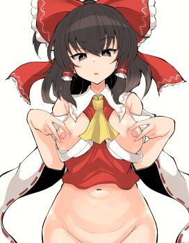 1girl absurdres ascot bare_shoulders between_breasts black_eyes black_hair bottomless bow breasts bright_pupils clothes_between_breasts collared_shirt commentary_request cowboy_shot crop_top detached_sleeves frilled_bow frilled_hair_tubes frills hair_bow hair_tubes hakurei_reimu highres looking_at_viewer medium_breasts medium_hair navel nipples open_mouth out-of-frame_censoring red_bow red_ribbon red_shirt ribbon ribbon-trimmed_sleeves ribbon_trim rnt_(251139) sarashi shirt sidelocks sleeveless sleeveless_shirt slit_pupils solo spread_nipple touhou undone_sarashi white_background white_pupils white_sleeves wide_sleeves yellow_ascot