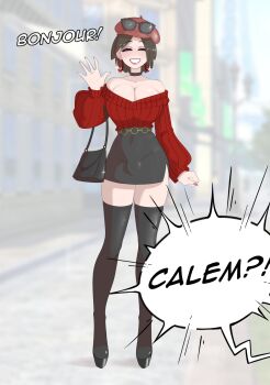 1boy beret black_bag black_boots black_choker black_skirt black_thighhighs boots breast_padding breasts brown_hair bulge calem_(pokemon) character_name choker cleavage closed_eyes closed_mouth covered_navel crossdressing crossdressing_(mtf) earrings eyewear_on_headwear feminine french_text hat hoop_earrings huge_breasts jewelry lipstick makeup male_with_breasts nintendo outdoors pokemon pokemon_xy red_hat red_nails red_sweater sealguy short_hair skirt smile solo sparkle sunglasses sweater teeths thighhighs