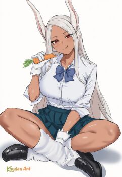 Rule 34 | 1girl, animal ears, black shoes, boku no hero academia, breasts, carrot, commentary request, crossed legs, dark-skinned female, dark skin, full body, gloves, highres, holding, holding carrot, kaydenart, looking at viewer, mirko, pleated skirt, rabbit ears, red eyes, school uniform, shirt, shoes, sitting, skirt, smile, solo, white background, white gloves, white hair, white shirt