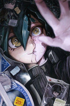 Rule 34 | 1boy, absurdres, aqua hair, badge, black hair, blush, button badge, character charm, charm (object), commentary, danganronpa (series), danganronpa v3: killing harmony, hair between eyes, highres, male focus, parted lips, plastic wrap, price tag, saihara shuichi, seapall, solo, tears, watermark, weibo watermark, yellow eyes