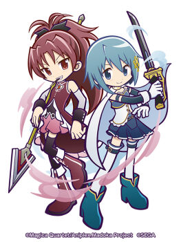 Rule 34 | 2girls, belt, black thighhighs, blue boots, blue eyes, blue hair, blue shirt, blue skirt, blush, boots, buckle, cape, commentary request, company name, cutlass, detached sleeves, dress, food, food in mouth, fortissimo, frilled shirt, frills, full body, gloves, grin, hair ornament, holding, holding polearm, holding sword, holding weapon, long hair, looking at viewer, mahou shoujo madoka magica, miki sayaka, miki sayaka (magical girl), miniskirt, multiple girls, official art, pink skirt, pleated skirt, pocky, pocky in mouth, polearm, ponytail, puyopuyo, puyopuyo quest, red boots, red dress, red eyes, red hair, sakura kyoko, sakura kyoko (magical girl), shirt, short hair, skirt, skirt under dress, sleeveless, sleeveless dress, smile, soul gem, standing, standing on one leg, sword, thighhighs, weapon, white cape, white gloves, white shirt, white thighhighs