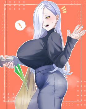 ! 1girl absurdres bag black_sweater blue_lips blue_pants blush breasts denim doorknob eyeliner fate/grand_order fate_(series) grocery_bag hair_over_one_eye highres hiyayaako jeans large_breasts lipstick long_hair long_sleeves looking_at_viewer makeup mrs._snake_(fate) nail_polish open_mouth pants shopping_bag smile solo sweater thighs turtleneck turtleneck_sweater white_hair yellow_eyes