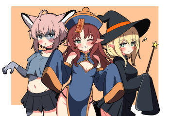 +++ 3girls absurdres ahoge alternate_costume animal_ears arknights ass bare_shoulders black_choker black_panties black_shirt black_skirt black_thighhighs blonde_hair blue_dress blue_eyes blue_hat blue_shirt blush border breasts china_dress chinese_clothes choker cleavage cleavage_cutout closed_mouth clothing_cutout commentary commentary_request contrapposto cowboy_shot cropped_shirt detached_sleeves dress durin_(arknights) earrings fox_ears fox_girl fox_tail from_side green_eyes grin halloween hat hendra highres holding holding_wand jewelry jiangshi_costume jitome long_hair long_sleeves looking_at_viewer medium_breasts miniskirt multiple_girls myrtle_(arknights) navel notice_lines ofuda ofuda_on_head one_eye_closed open_mouth orange_background outside_border panties panty_straps parted_lips patchwork_skin pelvic_curtain pink_hair pleated_skirt pointy_ears qingdai_guanmao red_hair shirt short_sleeves side-tie_panties simple_background skirt sleeves_past_fingers sleeves_past_wrists small_breasts smile sussurro_(arknights) tail thighhighs torn_clothes torn_shirt torn_skirt underwear wand white_border witch_hat zombie