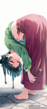 1girl aoqun ass bandaged_arm bandages barefoot beads blue_eyes blunt_bangs blush breasts chinese_clothes closed_mouth embarrassed feet female_focus freckles green_hair hair_beads hair_ornament hanfu highres kusuriya_no_hitorigoto long_hair long_skirt long_sleeves looking_at_viewer maomao_(kusuriya_no_hitorigoto) medium_breasts midriff multi-tied_hair navel no_bra pestle raaivault red_skirt sexually_suggestive skirt solo solo_focus stomach