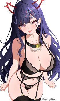 1girl absurdres akuma_nihmune armpit_crease black_bra black_collar black_garter_belt black_panties black_thighhighs blue_nails blush bra breasts cleavage collar commentary cowboy_shot demon_horns earrings english_commentary facial_mark fake_horns fingernails garter_belt hair_ornament heart heart_earrings heart_facial_mark highres horns indie_virtual_youtuber jewelry large_breasts lars_artbro lingerie long_hair looking_at_viewer mole mole_under_eye nail_polish navel panties parted_bangs purple_eyes purple_hair simple_background single_earring smile solo star_(symbol) star_hair_ornament thighhighs thighs tongue tongue_out underwear virtual_youtuber white_background