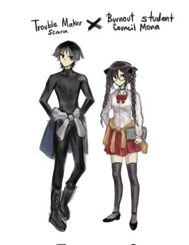 Rule 34 | 1boy, 1girl, alternate costume, alternate hairstyle, alternate universe, arms at sides, bespectacled, black bodysuit, black boots, black bow, black eyes, black hair, black pants, black shoes, black thighhighs, blouse, blunt bangs, blunt ends, bodysuit, boots, bow, braid, brown cardigan, cardigan, cardigan around waist, clothes around waist, collared shirt, contemporary, covered collarbone, delinquent, enerochinarts, english text, full body, genshin impact, glasses, hair between eyes, hair bow, highres, holding, jacket, jacket around waist, jitome, knee boots, lace-up boots, large bow, long braid, long sleeves, looking at another, looking at viewer, mona (genshin impact), no mouth, pants, parted bangs, pleated skirt, red bow, red skirt, rimless eyewear, round eyewear, scaramouche (genshin impact), school uniform, shirt, shoes, sideways glance, sketch, skindentation, skirt, standing, thighhighs, twin braids, white background, white jacket, white shirt, white sleeves