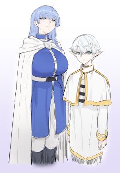 Rule 34 | 1boy, 1girl, absurdres, aqua eyes, arms at sides, belt, black boots, blue eyes, blue hair, blue surcoat, boots, breasts, capelet, chest height, cloak, closed mouth, commentary request, cropped legs, expressionless, frieren, genderswap, genderswap (ftm), genderswap (mtf), gradient background, hair half over shoulder, height difference, high belt, highres, himmel (sousou no frieren), huge breasts, knee boots, korean commentary, light smile, long hair, long shirt, long sleeves, looking ahead, looking at viewer, mole, mole under eye, pants, partial commentary, pointy ears, purple background, seoyong, shirt, short hair, shorter male, side-by-side, simple background, sleeve cuffs, sousou no frieren, standing, straight hair, striped clothes, striped shirt, surcoat, tall female, underbust, very short hair, white belt, white capelet, white cloak, white hair, white pants, white shirt