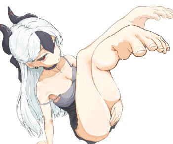 1girl ass bad_anatomy black_bow black_choker black_dress black_hair blue_archive bow breasts bright_pupils choker cleavage collarbone covering_privates crossed_legs dress earrings feet feet_up foot_focus hair_between_eyes hair_bow hanpen_845 horns jewelry kayoko_(blue_archive) kayoko_(dress)_(blue_archive) legs_up long_hair medium_breasts mole mole_on_collarbone multicolored_hair pendant_choker red_eyes short_dress sitting solo thighs two-tone_hair white_hair white_pupils