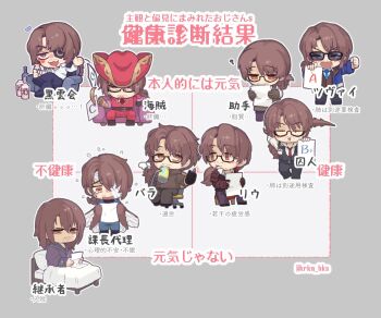 6+boys alcohol armchair arthropod_limbs black_footwear black_gloves blush boots bottle brown_eyes brown_hair brown_sweater chair chart g_corp._(identity)_(project_moon) glasses gloves gold_trim gregor_(project_moon) grey_background hat highres holding holding_paper insect_wings jacket krkm_hks lighter limbus_company liu_association_south_uniform long_sleeves looking_at_viewer low_ponytail multiple_boys multiple_persona pants paper ponytail project_moon red_hat red_jacket red_pants sake simple_background sitting sunglasses sweater wings zwei_association_south_uniform