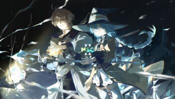 1boy 1girl absurdres black_coat black_hat blue_hair boots braid brown_jacket coat floating_hair hat highres holding holding_staff jacket kyoro_ina long_hair low_twin_braids mushoku_tensei roxy_migurdia rudeus_greyrat staff thigh_boots twin_braids white_boots white_coat witch_hat