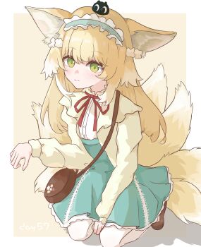 1girl absurdres animal_ears arknights bag blonde_hair blue_hairband cardigan chinese_commentary commentary_request crossover fox_ears fox_girl fox_tail frilled_hairband frills green_eyes hairband heixiu high-waist_skirt highres ice_orange_lovegg kitsune long_hair long_sleeves luo_xiaohei_zhanji neck_ribbon official_alternate_costume pantyhose partial_commentary red_ribbon ribbon shirt shoulder_bag skirt solo suzuran_(arknights) suzuran_(spring_praise)_(arknights) tail white_pantyhose white_shirt yellow_cardigan