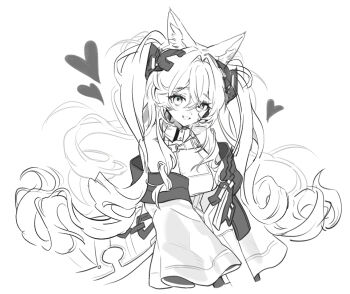1girl angelina_(arknights) animal_ear_fluff animal_ears arknights arknights:_endfield bare_shoulders belt breasts coat commentary_request cropped_torso dot_nose dress fox_ears fox_girl gilberta_(arknights) greyscale grin hair_between_eyes hair_intakes headpiece heart high_belt high_collar impossible_clothes impossible_dress korean_commentary long_hair long_sleeves looking_at_viewer medium_breasts monochrome munel off_shoulder open_clothes open_coat simple_background sleeveless sleeveless_dress smile solo twintails upper_body very_long_hair white_background wide_sleeves
