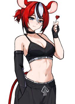 1girl absurdres animal_ears black_choker black_gloves black_hair black_pants black_sports_bra black_streaks blue_eyes breasts bright_pupils character_name choker cleavage closed_mouth clothes_writing colored_tips commentary cowboy_shot crossed_bangs detached_sleeves double-parted_bangs english_commentary fingerless_gloves food gloves hair_between_eyes hakos_baelz hand_in_pocket hand_up highres holding holding_food holding_popsicle hololive hololive_english linea_alba long_sleeves looking_at_viewer medium_breasts mouse_ears mouse_girl mouse_tail multicolored_hair navel panties pants panty_peek ponytail popsicle red_hair short_hair short_ponytail simple_background single_detached_sleeve solo sports_bra stomach streaked_hair tail ttsyrene underwear virtual_youtuber white_background white_pupils white_streaks
