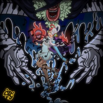 1girl 1other arms_up artist_request aura bare_legs black_ribbon black_wings breasts buttons cowboy_shot creature creepy demon devil_fruit dress empty_eyes evil_grin evil_smile eyelashes fangs floating_hair frilled_dress frills gradient_background grin hair_over_one_eye hair_rings hat headphones highres jumping lips long_hair long_sleeves looking_at_viewer multicolored_hair music musical_note neck_ribbon one_piece one_piece_film:_red open_clothes open_mouth puffy_long_sleeves puffy_sleeves purple_eyes red_hair ribbon shaded_face sharp_teeth sidelocks singing size_difference skull sleeves_past_wrists smile split-color_hair summoning teeth tot_musica_(one_piece) two-tone_hair uta_(one_piece) white_dress white_hair wide_hips wings yandere