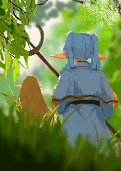 2girls absurdres blonde_hair blurry blurry_background blurry_foreground commentary_request elf frieren grass grey_hair highres koukouya multiple_girls pointy_ears scenery serie_(sousou_no_frieren) silk sousou_no_frieren spider_web wand