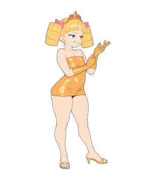 Rule 34 | 1girl, absurdres, adjusting clothes, adjusting gloves, bingbingzi, blonde hair, blue eyes, blue nails, bow, commentary, covered navel, dress, drill hair, flat chest, full body, gloves, grin, hair bow, high heels, highres, lock princess (bingbingzi), looking ahead, mesugaki, nail polish, original, pear-shaped figure, pink bow, shoes, short dress, smile, smug, solo, standing, thick thighs, thighs, tiara, toenail polish, toenails, twin drills, untranslatable commentary, white background, wide hips, yellow dress, yellow gloves, yellow shoes