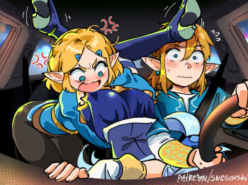 Rule 34 | 1boy, 2girls, :s, alcohol, anger vein, angry, aqua (konosuba), ass, blonde hair, blue hair, blue shirt, blue skirt, blush, breasts, car interior, closed mouth, commentary, crossover, driving, drunk, ear piercing, elf, english commentary, hair ornament, hairclip, highres, hugging another's leg, implied fellatio, kono subarashii sekai ni shukufuku wo!, legs up, light blue hair, link, long hair, long sleeves, medium breasts, medium hair, multiple girls, nintendo, open mouth, piercing, pointy ears, princess zelda, seatbelt, shirt, short hair, signature, skirt, snegovski, socks, steering wheel, sweat, sweatdrop, the legend of zelda, the legend of zelda: breath of the wild, the legend of zelda: tears of the kingdom, undershirt, wide-eyed