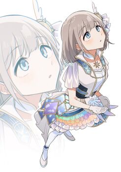 Rule 34 | 1girl, blue eyes, blush, breasts, celestial colors (idolmaster), chain, commentary, frilled skirt, frills, from above, full body, gloves, gold chain, gold trim, grey hair, grey jacket, grey shoes, hair ornament, highres, idol clothes, idolmaster, idolmaster shiny colors, jacket, layered skirt, looking up, messiah go, multicolored skirt, octagram, open clothes, open hands, open jacket, parted lips, serizawa asahi, shirt, shoes, short hair, short sleeves, sidelocks, signature, skirt, small breasts, white background, white gloves, white shirt, zoom layer