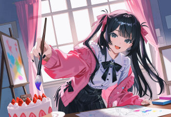 1girl :d absurdres altalune artist_self-insert backlighting belt birthday birthday_cake black_belt black_bow black_bowtie black_hair black_nails black_skirt blunt_bangs bow bowtie buttons cake cardigan cardigan_partially_removed clenched_hand commentary_request cowboy_shot curtains day dutch_angle eyelashes food frilled_shirt_collar frills fruit grey_eyes hair_bow hair_over_shoulder hand_up happy happy_birthday highres holding holding_brush indoors jirai_kei leaning_forward long_hair looking_at_viewer nail_polish open_cardigan open_clothes open_mouth original paper pink_bow pink_cardigan pleated_skirt shirt sidelocks skirt sleeves_past_wrists smile solo straight_hair strawberry teeth two_side_up upper_teeth_only very_long_hair white_shirt window