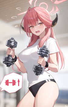 1girl absurdres aru_(blue_archive) arus black_buruma blue_archive breasts buruma commentary_request demon_girl demon_horns double_dumbbell_pose_(han-0v0) dumbbell gym gym_uniform halo highres holding holding_dumbbell horns indoors large_breasts large_variant_set open_mouth orange_eyes red_hair red_halo smile solo spoken_object sweatdrop thighs variant_set