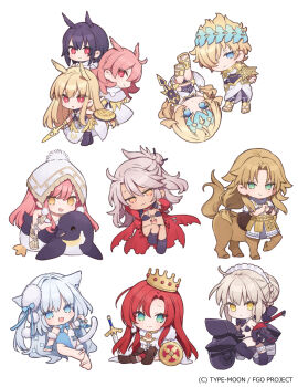 2boys 6+girls :d artoria_pendragon_(fate) black_hair blonde_hair blue_eyes boudica_(fate) boudica_(third_ascension)_(fate) braid bun_with_braided_base castor_(fate) centaur chibi chibi_only chiron_(fate) chloe_von_einzbern chloe_von_einzbern_(archer_install) copyright_notice dobrynya_nikitich_(fate) dobrynya_nikitich_(swimsuit_lancer)_(second_ascension)_(fate) fate/grand_order fate_(series) frown hair_bun hair_over_one_eye hanagata highres hildr_(fate) long_hair low-tied_long_hair medb_(fate) medb_(swimsuit_saber)_(fate) medb_(swimsuit_saber)_(third_ascension)_(fate) multiple_boys multiple_girls official_art open_mouth ortlinde_(fate) pink_hair pollux_(fate) red_eyes red_hair saber_alter saber_alter_(swimsuit_rider)_(second_ascension) simple_background smile taur thrud_(fate) valkyrie_(fate) white_background white_hair