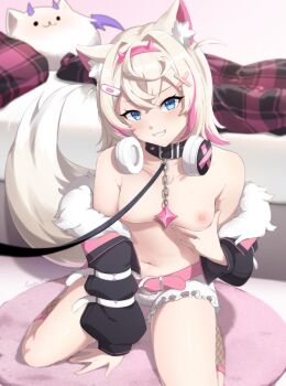 1girl :3 animal_ear_fluff animal_ears black_collar black_jacket blue_eyes blush breasts collar dog_ears dog_girl headphones headphones_around_neck hololive hololive_english jacket kneeling leash mococo_abyssgard mococo_abyssgard_(1st_costume) multicolored_hair nipples no_shirt parted_lips perroccino_(fuwamoco) pink_hair runeko short_hair shorts small_breasts solo two-tone_hair virtual_youtuber white_shorts