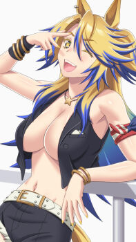 1girl american_flag american_flag_print animal_ears asymmetrical_pants bandana_around_arm bare_shoulders belt black_pants black_shirt blonde_hair blue_eyes blue_hair blush bracelet breasts cleavage commentary_request flag_print highres horse_ears horse_girl horse_tail jewelry large_breasts leaning_back long_hair looking_at_viewer multicolored_hair navel necklace norizou obey_your_master_(umamusume) one_eye_closed open_clothes open_mouth open_shirt pants shirt simple_background smile solo star-shaped_pupils star_(symbol) star_necklace stomach symbol-shaped_pupils tail two-tone_hair umamusume umamusume:_cinderella_gray upper_body w white_belt yellow_nails