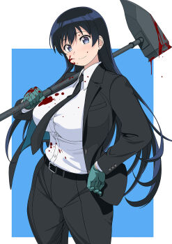 1girl a1_(initial-g) arato_nagi belt black_hair black_necktie black_pants blood blood_on_clothes blood_on_face bloody_weapon blue_eyes breasts closed_mouth collared_shirt earrings gloves green_gloves hammer highres holding holding_hammer jewelry large_breasts long_hair looking_at_viewer necktie pants ruri_no_houseki shirt simple_background smile solo stud_earrings weapon white_background white_shirt