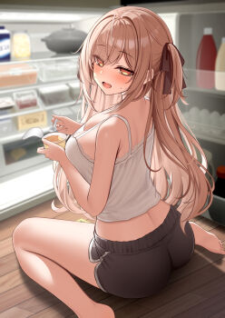 1girl ass barefoot black_ribbon black_shorts blush breasts brown_eyes brown_hair dolphin_shorts from_behind hair_ornament hair_ribbon highres holding imouto-chan_(monaka_curl) large_breasts long_hair looking_at_viewer looking_back monaka_curl open_mouth original refrigerator ribbon shirt short_shorts shorts sitting sleeveless sleeveless_shirt smile soles spoon thighs wariza white_shirt wooden_floor