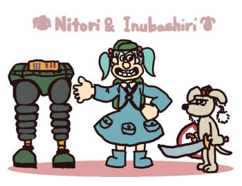 animal_ears animalization bag blue_hair crossover dog english_text gromit hat inubashiri_momiji kawashiro_nitori machine mechanical_legs panels parody push-button shield simple_background style_parody switch sword tail terrajin touhou twintails wallace wallace_&amp;_gromit weapon white_background