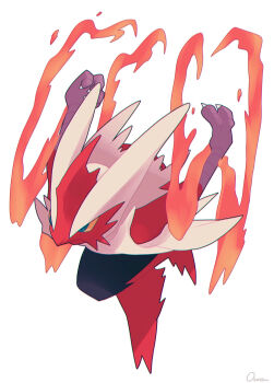1other absurdres blaziken blue_eyes closed_mouth colored_sclera fire full_body furry gen_3_pokemon highres looking_ahead mega_blaziken mega_pokemon nintendo ouran pokemon pokemon_(creature) running simple_background solo white_background yellow_sclera